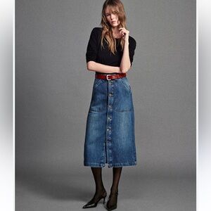 Frame October Blue Denim Modern Pocket Button-Front Midi Skirt Size 31 NWT